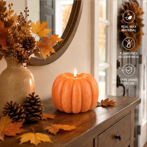 Orange Flameless Pumpkin Candle for Fall Decor - Remote Control, 5.5 Inch