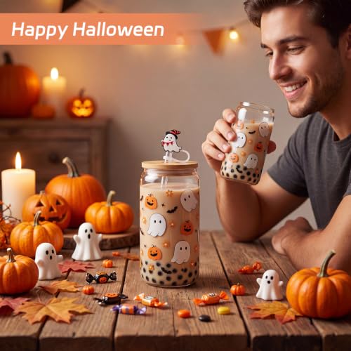 Halloween Ghost Glass Cup with Lid & Straw - Spooky Pumpkin Design - 16oz - Halloween Variation