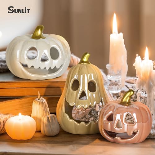 Sunlit Ceramic Pumpkin Candle Holder Set of 3 with LED Tea Lights - Colorful Halloween Decor