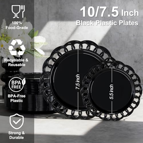 Black Plastic Plates Set 60pcs Baroque Lace Rim Disposable Dinner & Dessert Plates