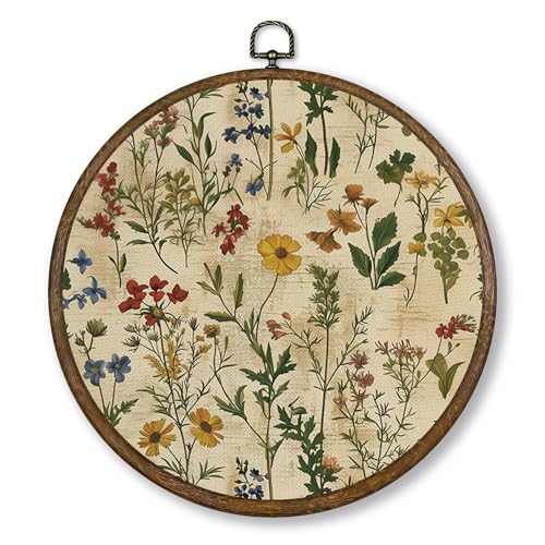 Boho Flower Wall Art Decor - Yellow Round Canvas Botanical Artwork for Living Room Nursery Bedroom 10x10