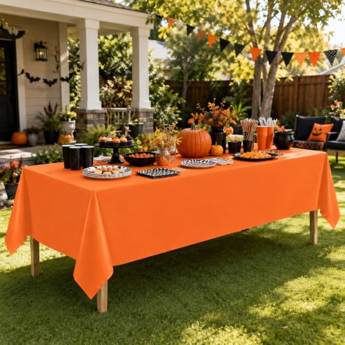 WNINK 3 Pack Orange Plastic Tablecloths - 54 x 108 Inch Disposable Cover