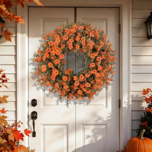 Fall Wreath for Front Door - Autumn Harvest Decor with Eucalyptus & Mums - Orange-3
