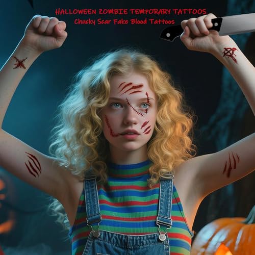 20 Sheets Halloween Temporary Tattoos Body Face Fake Stitches Waterproof Cosplay Props