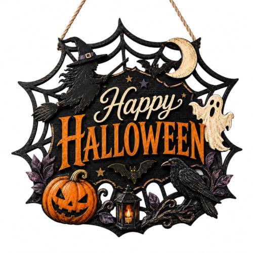 Wooden Halloween Wreath for Front Door Indoor Outdoor Decor - Pumpkin Ghost Witch Design