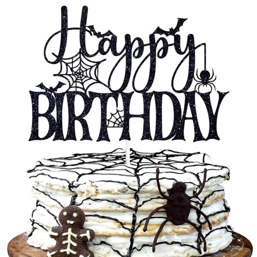 Black Glitter Halloween Birthday Cake Topper - Spooky Spider Ghoul Decor