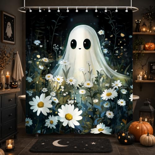 Blue Halloween Shower Curtain with Ghost & Floral Pattern Waterproof Fabric 72x72 Inches with Hooks - Variation of THIS listing