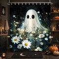 Blue Halloween Shower Curtain with Ghost & Floral Pattern Waterproof Fabric 72x72 Inches with Hooks - Variation of THIS listing