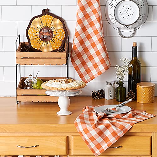Fall Kitchen Decor Dish Towel & Potholder Set Sunflowers Orange Buffalo Check - 3 Piece