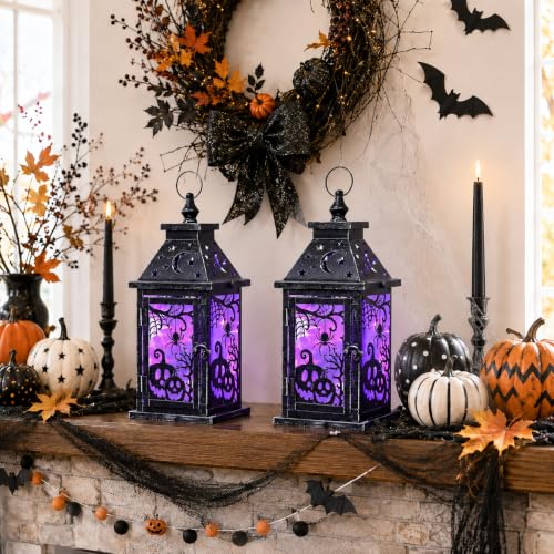 Halloween Lantern Set of 2 Indoor & Outdoor Spider & Pumpkin Candle Holders with LED Lights - 14.7 Inch, 8 Modes