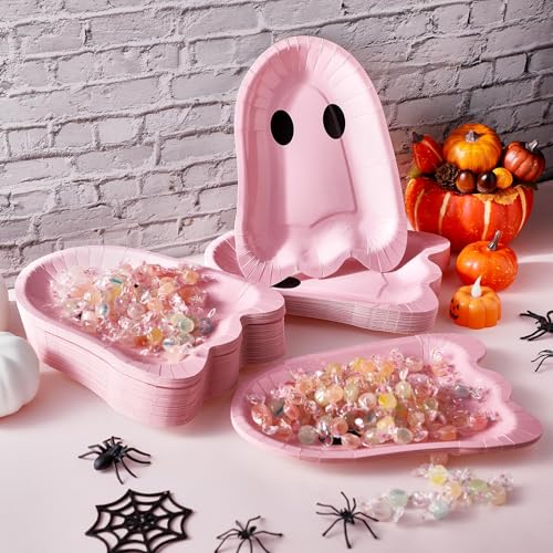 FoldTier 100 Pcs 9 Inch Ghost Halloween Paper Plates Pink Disposable Party Tableware