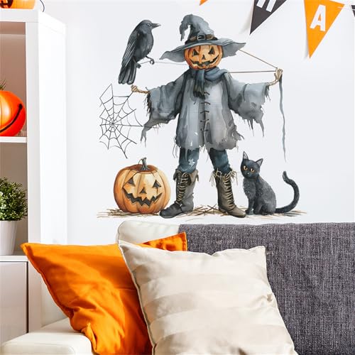 Halloween Wall Stickers Set - Pumpkin, Scarecrow, Black Cat & Spider Decals for Festive Decor