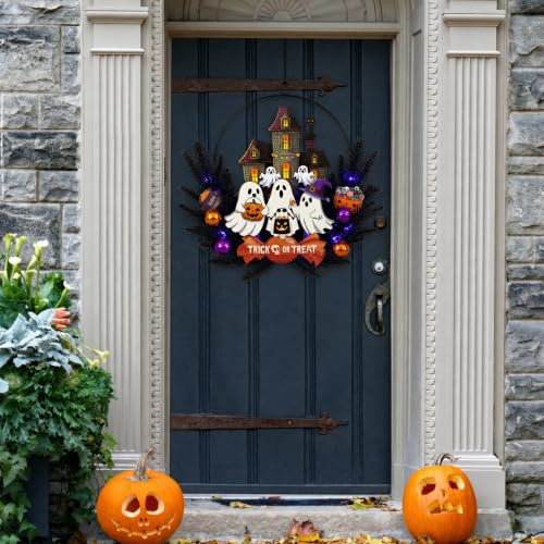 Pre-Lit Halloween Ghost Wreath with Timer for Front Door - Battery Operated, Autumn Decor