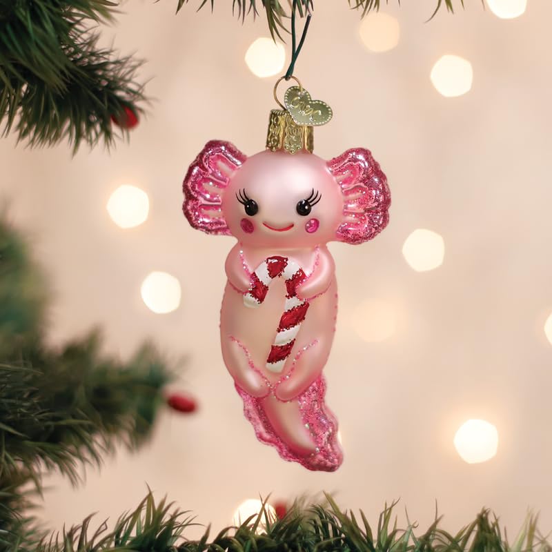 Handcrafted Glass Christmas Ornament Axolotl with Candy Cane - Holiday Tree Decoration