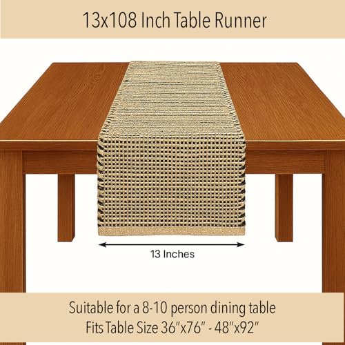 Natural Jute Table Runner 13x108 Inch - Black & Beige Boho Farmhouse Decor