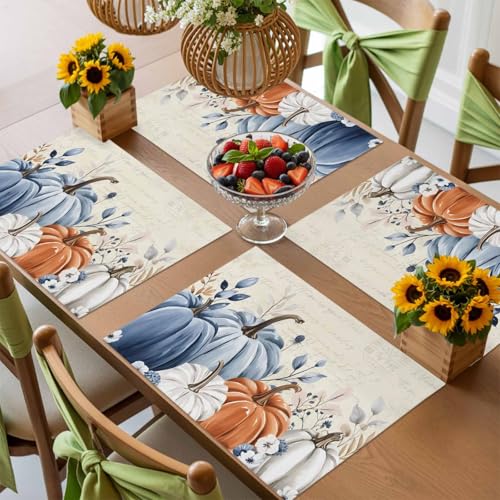 Blue Pumpkin Fall Placemats Set of 4 13x19 Inch Autumn Table Decor Washable