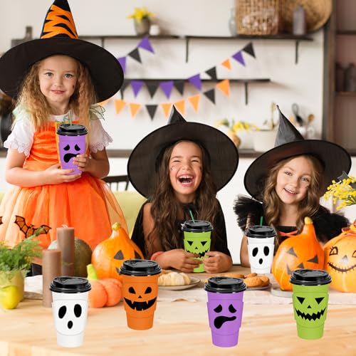 Halloween Coffee Cups 16oz with Lids & Sleeves - Ghost Design, 48 Sets