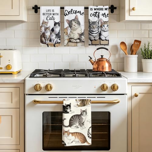 Multi 1482 4 Pcs Cute Cat Kitchen Towels 24x14 Inch Absorbent Hand Towels