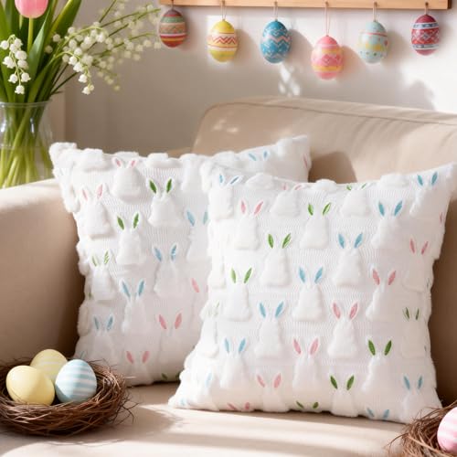 18x18 Inch Pillow Covers Set of 2 - Easter Bunny Plush Farmhouse Decor