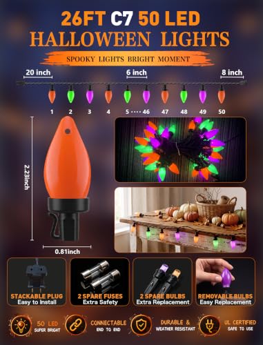 Halloween 26FT C7 LED String Lights - Orange, Green, Purple Opaque, Connectable