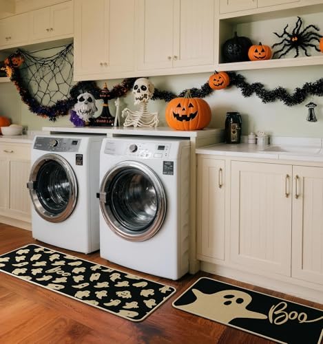 Halloween Kitchen Mat Set of 2 - Ghost & BOO Design, Black Variation