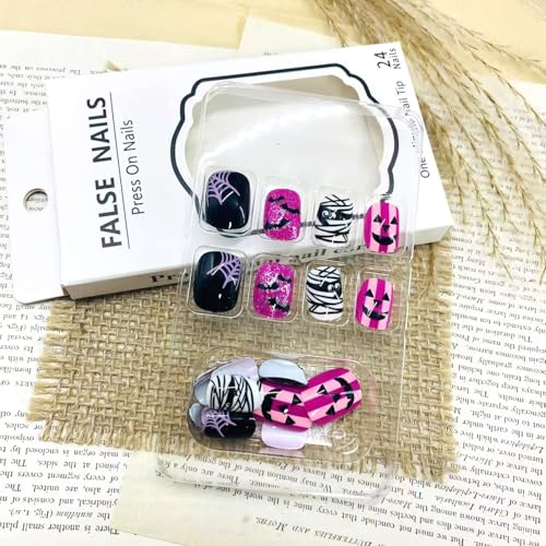 Halloween Press On Nails Purple Bat Design Fake Nails Short Square Full Cover - Reusable Ghost Mummy Style - Halloween Design 151