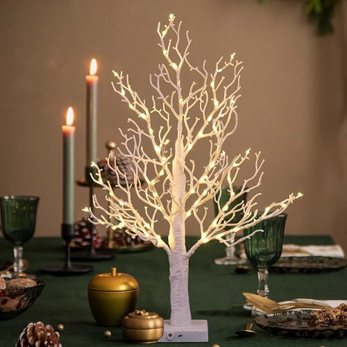 24in Lighted Willow Tree Bonsai with 70 Mini LED Lights - White Artificial Tree for Home & Holiday Decor