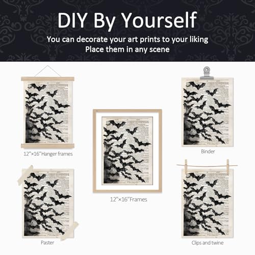 Dark Academia Gothic Bat Wall Art Decor Set of 4 - 12x16 Inches - Unframed A.bat Variation