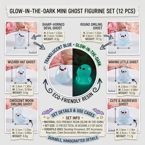 Mini Luminous Ghost Resin Figurines Set - 6 Styles Halloween Decor, Spooky Cute Night Glow, 12 Pieces
