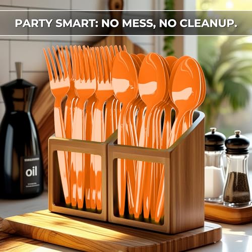 Orange Plastic Spoon and Fork Set - 50 Each, Disposable Party Cutlery