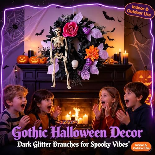 Halloween Skeleton Wreath for Front Door - 18-Inch Haunted House Decor - Variation A