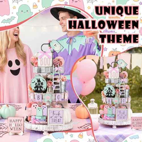 Halloween Tiered Tray Decor Set - Pastel Ghost & Bat Wooden Signs, 19 Pieces
