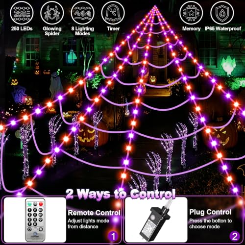 Halloween Outdoor Spider Web Lights with Spider & 8 Modes - Dark Purple & Orange Variation