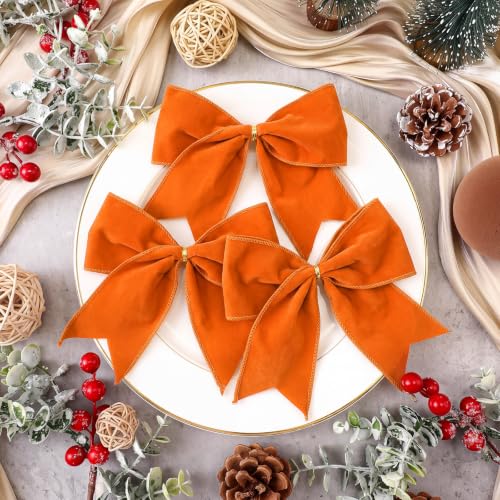 Fall Velvet Bows for Wreath Decor - 12 Pack, Orange, 6 Inch, Autumn