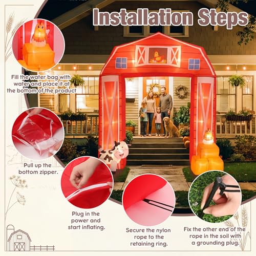 Farm Animals Inflatable Arch with LED Lights - 10ft Outdoor Party Decoration with Stakes & Water Bags - Farmhouse Theme
