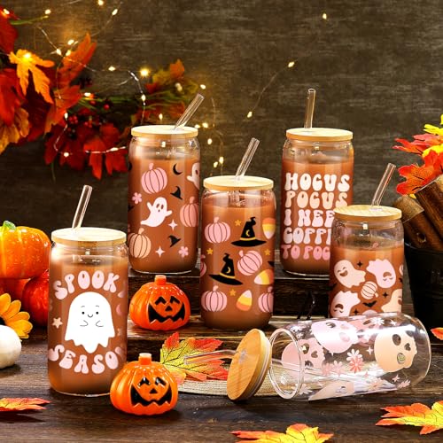 Halloween Ghost Glass Cups with Lids & Straws - 6 Pack, 16 oz - Pink Ghost Variation