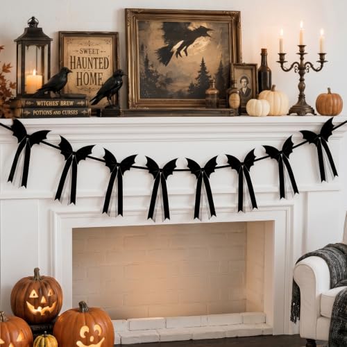 Elegant Black Velvet Bat Garland - Halloween Decorations for Mantle & Wall