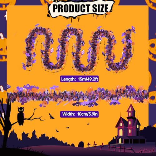 Halloween Tinsel Garland Party Decorations - 33FT Orange Purple Black with Pumpkins & Bats - Indoor Outdoor Decor