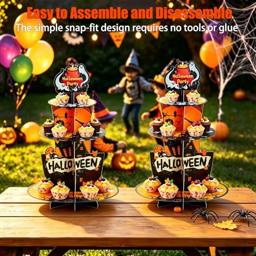 Halloween 3-Tier Paper Cupcake Stand - Multicolor Spooky Dessert Display Rack, 17 Inch