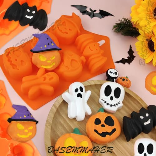 Halloween Silicone Cake & Candy Molds - Pumpkin Bat Skull Ghost Shapes, 2 Pack