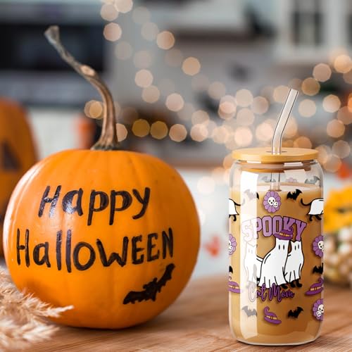 Halloween Ghost & Cat Glass Cup with Lid Straw & Brush 16 oz - Cute Spooky Drinkware