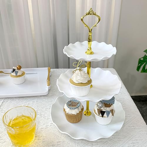 3-Tier Plastic Cupcake Stand Holder with Handle for Desserts, Fruits & Snacks - White+Pink