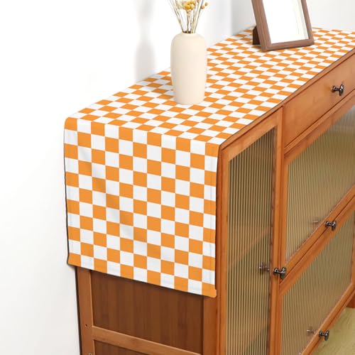 Orange White Checkered Table Runner - Fall Thanksgiving Wedding Decor 13 x 72