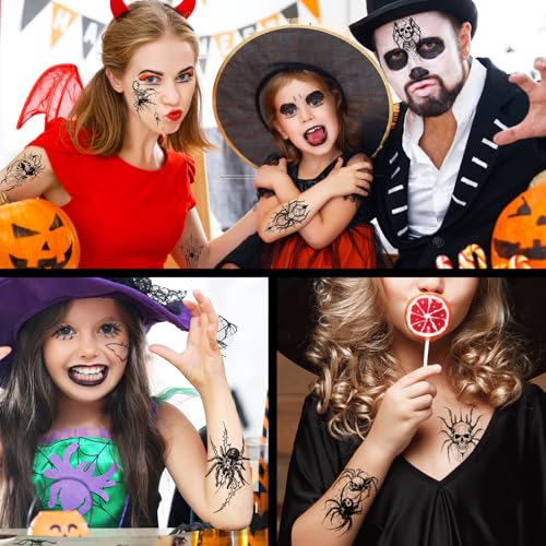 Skeleton Spider Halloween Tattoos - Scary Skull & Web Temporary Body Art with Variation