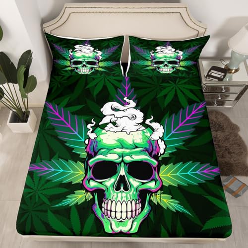 Leaves Bed Sheets Set - Green Sugar Skull Pattern Queen Size Multi 13