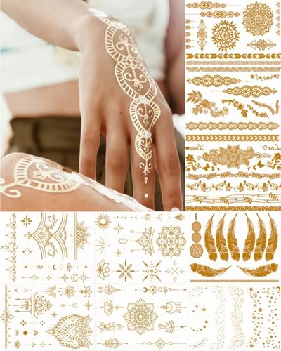 Feather Mandala Floral Gold Metallic Temporary Tattoos - 9 Sheets, Waterproof & Easy to Apply