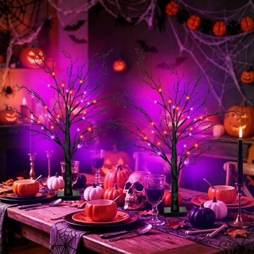 Halloween Spooky Black Tabletop Tree Set - 24 Inch LED Indoor Decor with Timer & USB/Battery - Style 2