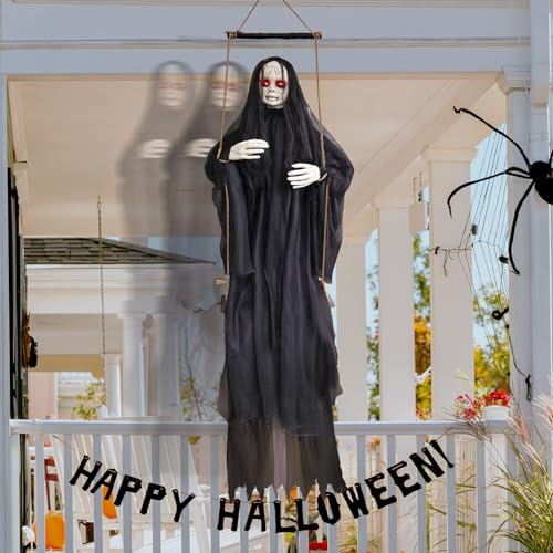 Halloween Hanging Ghost Decoration with Glowing Eyes & Sound - Indoor/Outdoor Spooky Ghost Girl