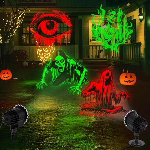 Outdoor Halloween Projector Lights with Rotating Skull & Ghost Patterns - Waterproof LED Decor