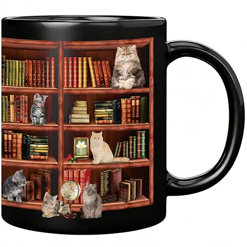 Book Lover Mug - 11oz Ceramic Coffee Cup with Book and Cat Design